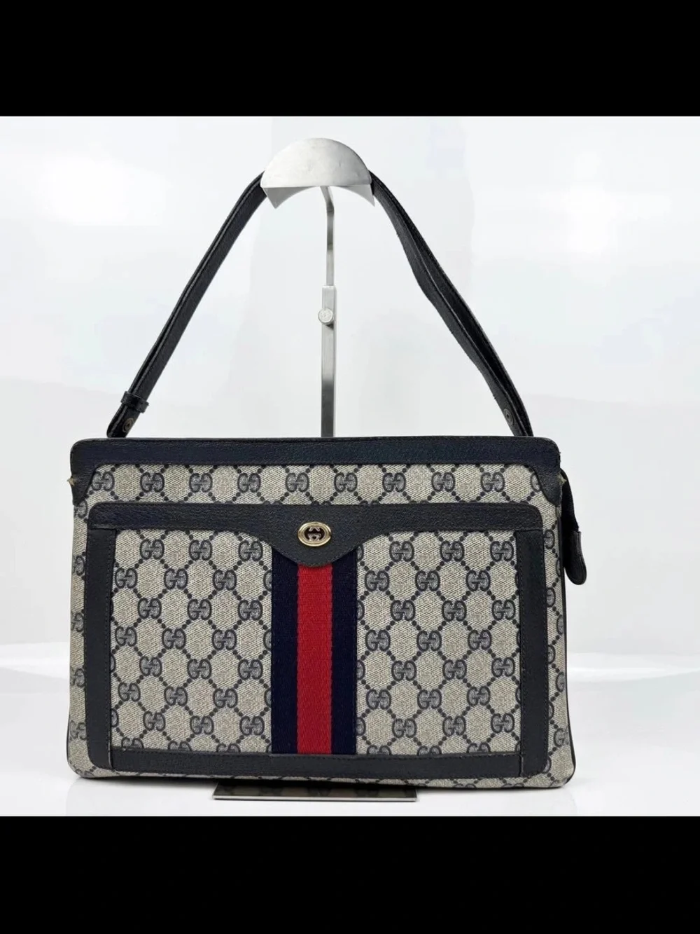 Gucci Beige GG Canvas Crossbody with Navy & Red Stripe